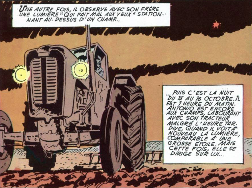 Antonio Villas Boas sur son tracteur, au Brésil, la nuit du 15 octobre 1957.