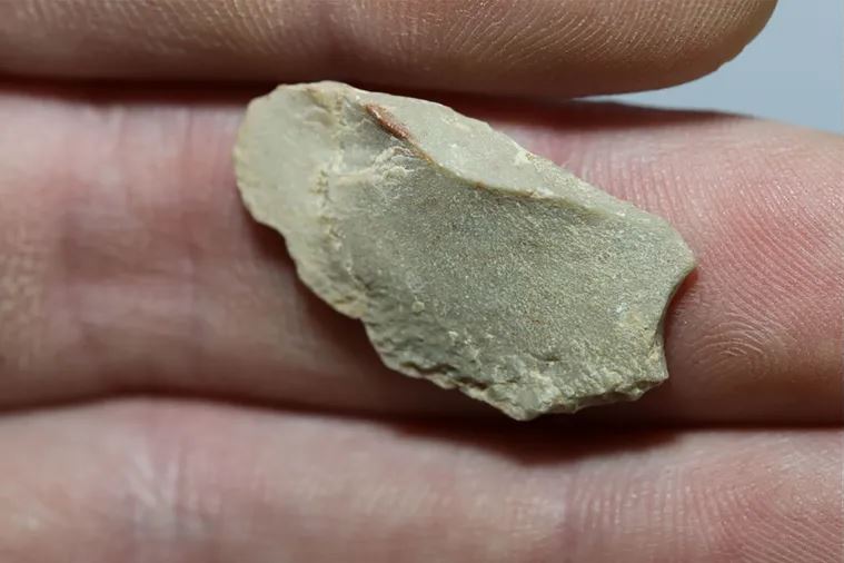 Artefact (objet naturel ou outil humain) en calcaire cristallisé verdâtre, grotte de Chiquihuite dans la sierra del Astillero au Mexique, il y a entre 12000 et 32000 ans.