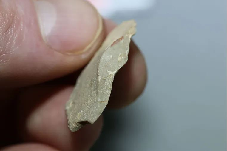Artefact (objet naturel ou outil humain) en calcaire cristallisé verdâtre, grotte de Chiquihuite dans la sierra del Astillero au Mexique, il y a entre 12000 et 32000 ans.