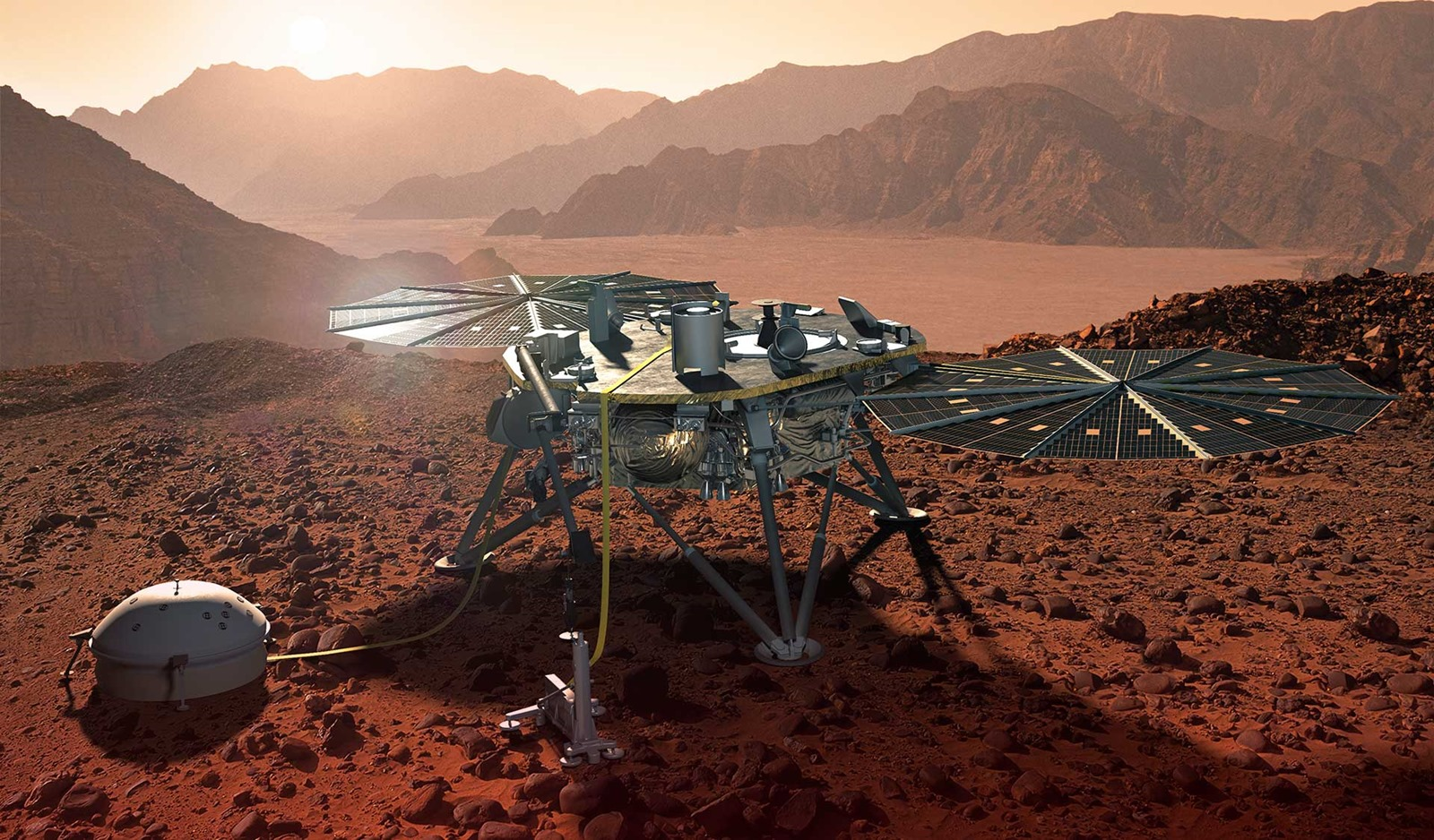 Représentation de l'atterrisseur InSight sur Mars avec son instrument, le Seismic Experiment for Interior Structure, déployé sur le sol. (NASA/ Lockheed Martin)