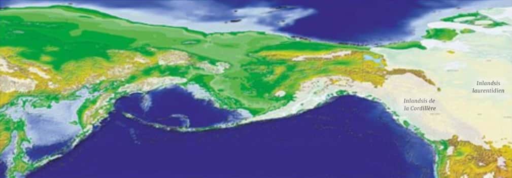Béringie, ou pont temporaire au détroit de Béring, entre Russie et l'Alaska, il y a 35 000 ans.