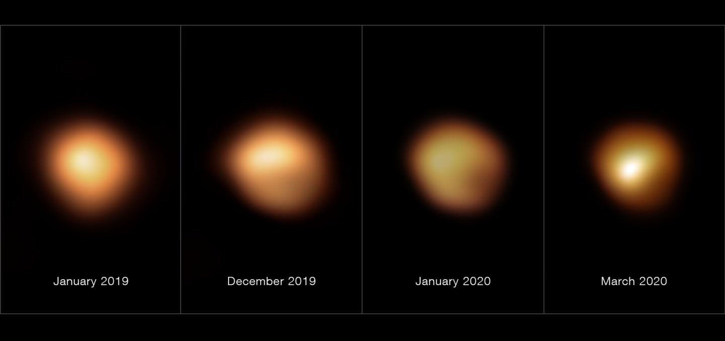 Assombrissement et luminosité de Bételgeuse, étoile supergéante rouge de la constellation d'Orion, entre janvier 2019 et mars 2020.