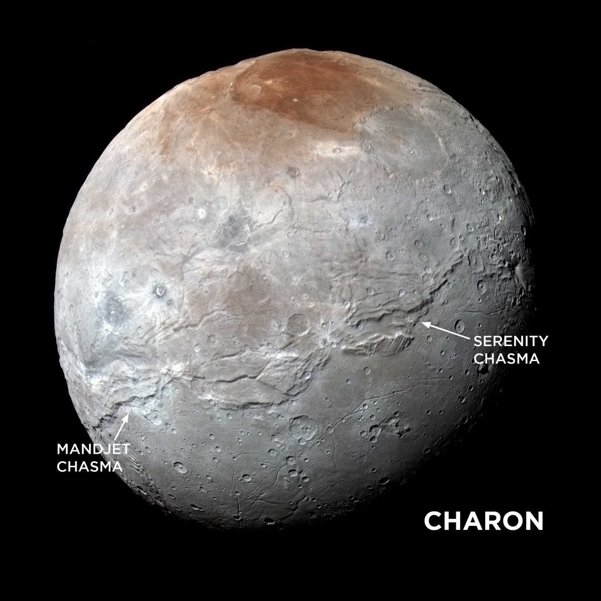Charon, lune de Pluton, et ses chasmas (fissures de grande taille).