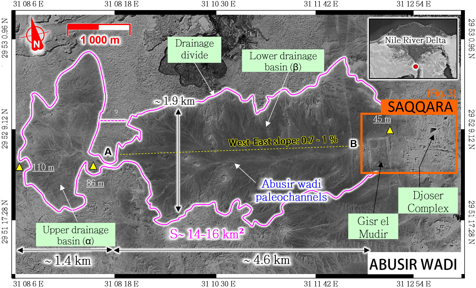 Pyramide de Djoser, Abusir Wadi & le barrage de Gisr el-Mudir, sur la plateau de Saqqarah, en Egypte.