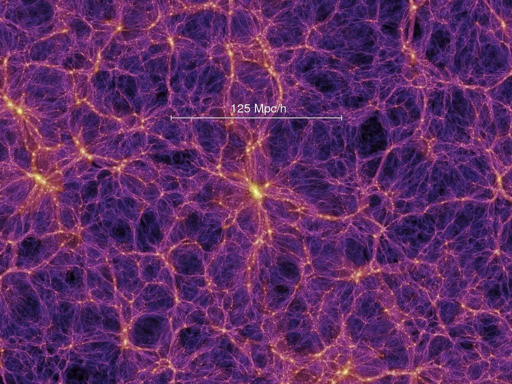 Structure hélicoïdale du cosmos à travers la Simulation Millenium qui extrapole la répartition de 10 milliards de particules dans un cube de 2 milliards d'années-lumière de côté