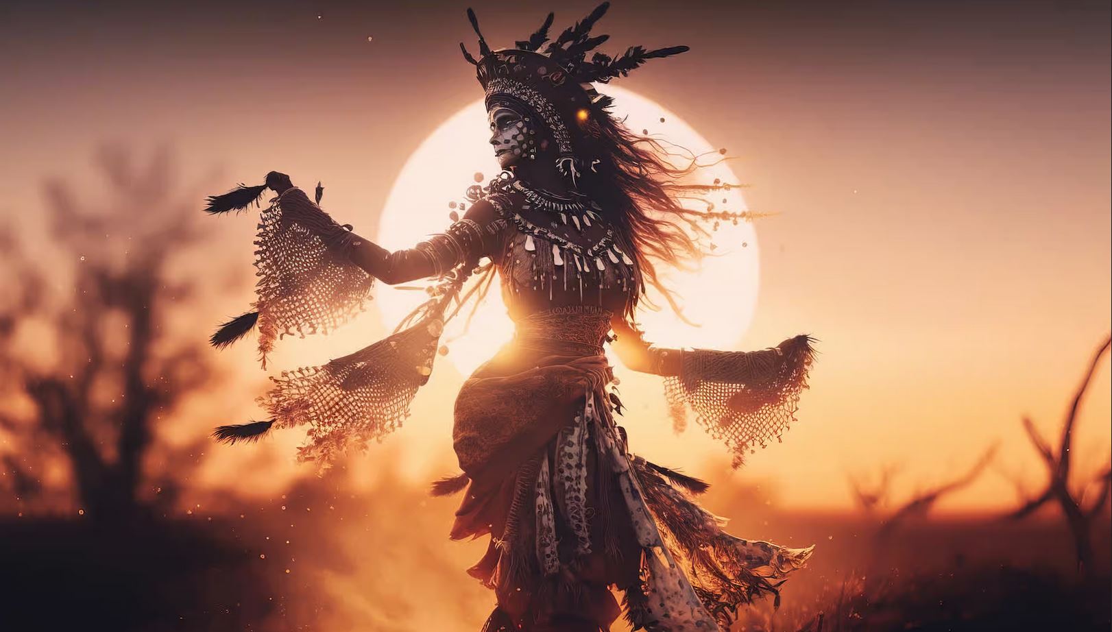Danseuse lors d'un rituel chamanique et en pleine lune, dans la vallée de Toro Muerto au Pérou.