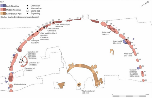 Plan de la moitié ouest de l'enceinte circulaire à Flagsones en Angleterre, vieille de 5 200 ans.