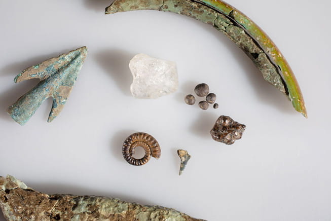 Flèche de bronze, cristal de roche, dent de castor, ammonite.