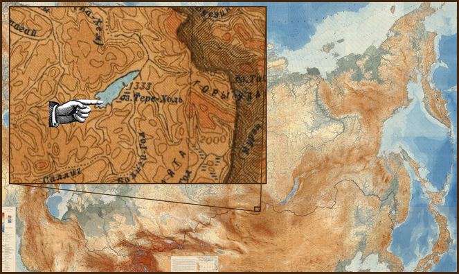 Carographie de la forteresse au milieu du lac de montagne, entre Russie et Mongolie, il y a 7 000 ans.