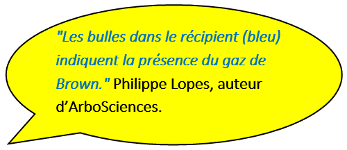 Gaz de Brown: Les bulles dans le récipient (bleu) indiquent la présence du gaz de Brown.