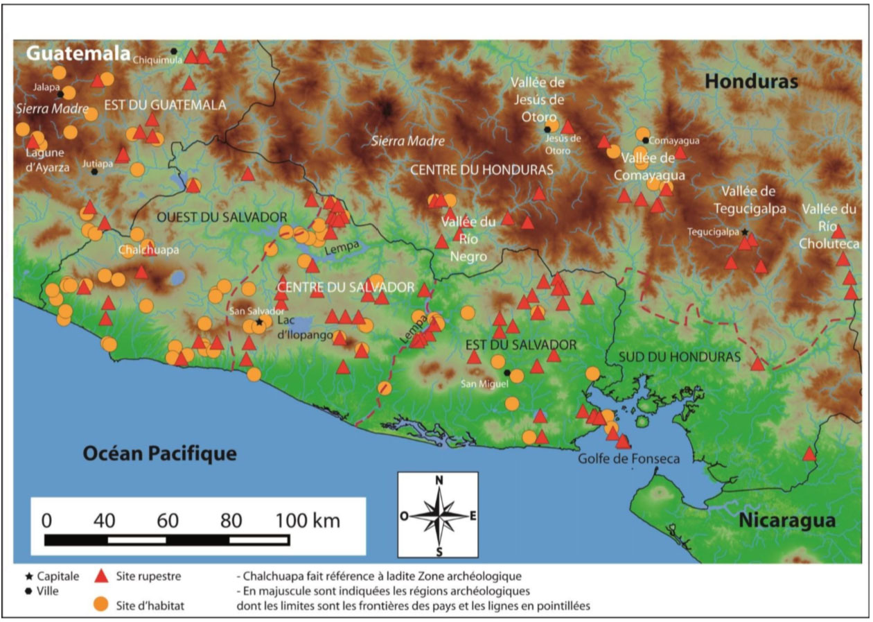 Cartographie des régions archéologiques, des gisements rupestres & des sites d'habitat du Guatemala, Honduras, Nicaragua & du Salvador.