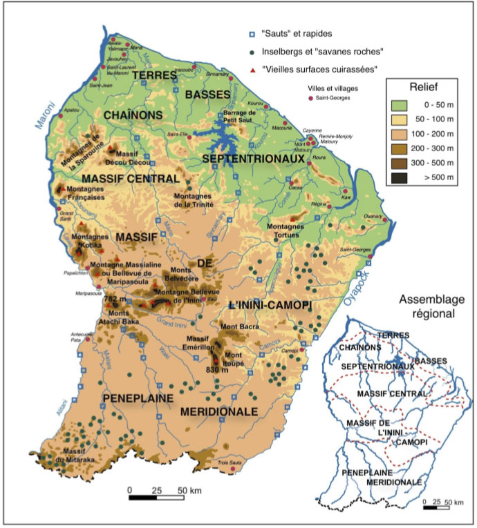 Carte du relief & hydrographie de la Guyane française.