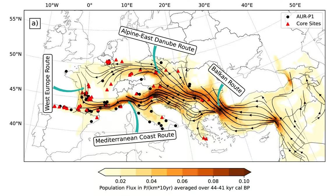 Carte migratoire d'Homo sapiens en Europe.