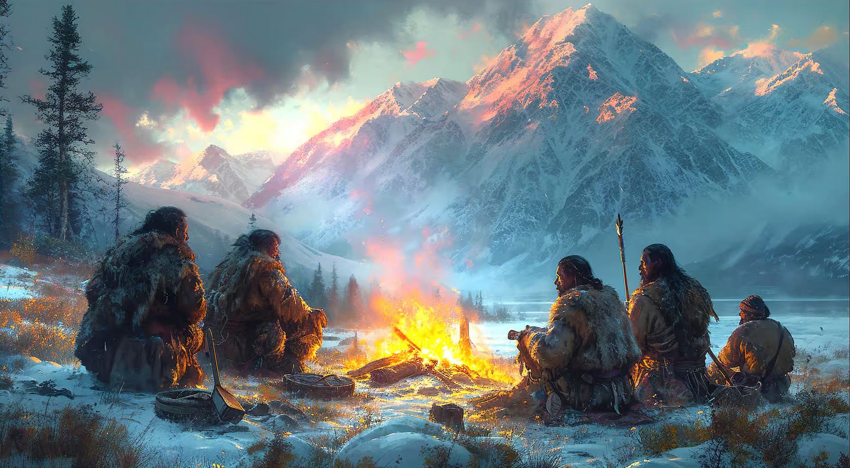 Feu de camp dans la neige avec Homo sapiens.