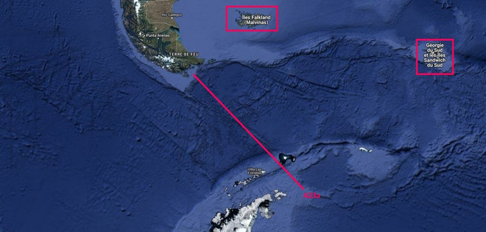 Iceberg A23a, par rapport à l'Amérique du Sud, les îles Falkland (ou Maldives), les îles Géorgie du Sud & les îles Sandwich du Sud.
