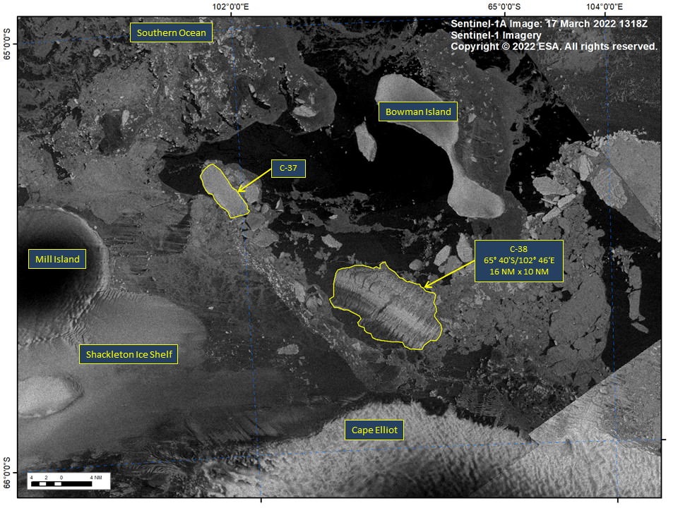 Iceberg C-37 (1200 km²) versus Shackleton Ice Shelf