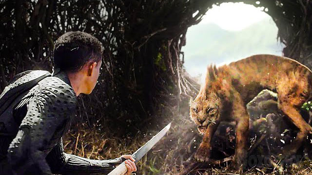 Jaden Smith (alias Kitai) affrontant un félin dans le film After Earth.