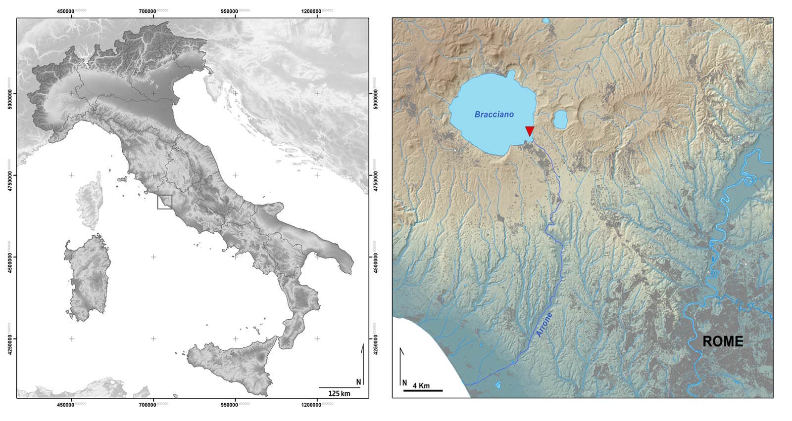 Lac de Bracciano, fleuve Arrone, ville de Rome.