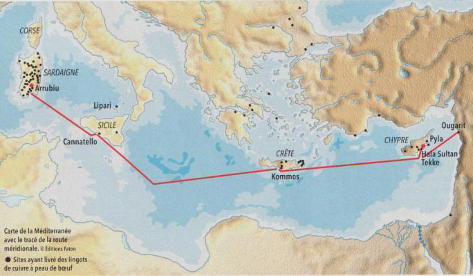 Cartographie en Méditerranée des sites ayant livré des lingots de cuivre à peau de bœuf.