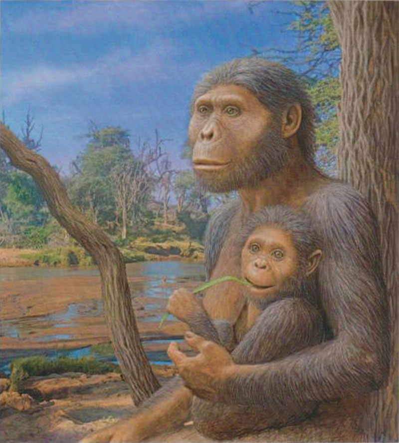 Femme et enfant Homo afarensis.