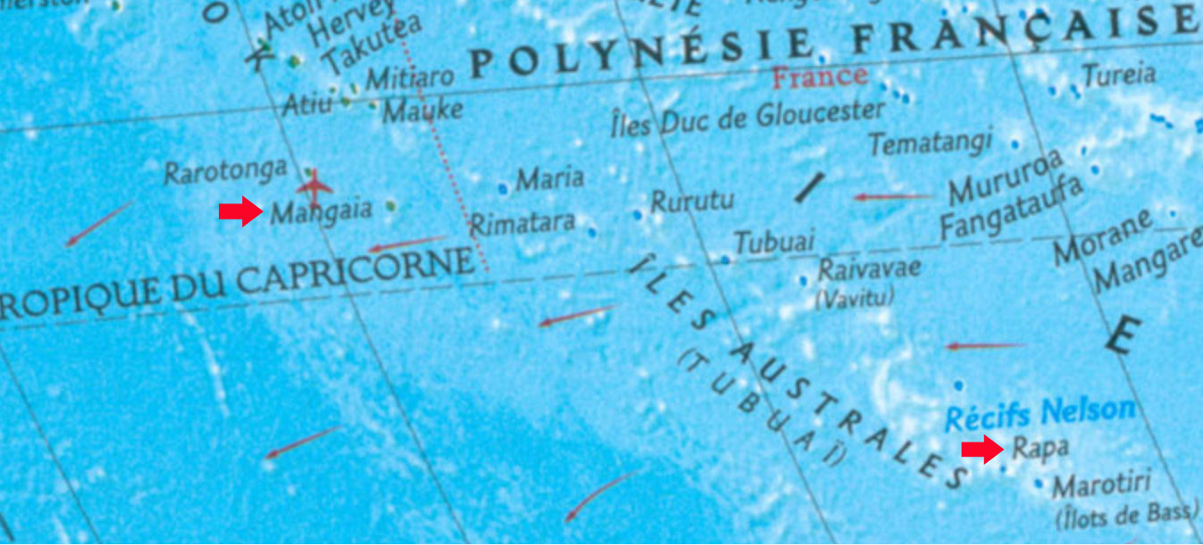 Mangaïa (îles Cook) & îles Rapa et Tinian (îlots de Bass).