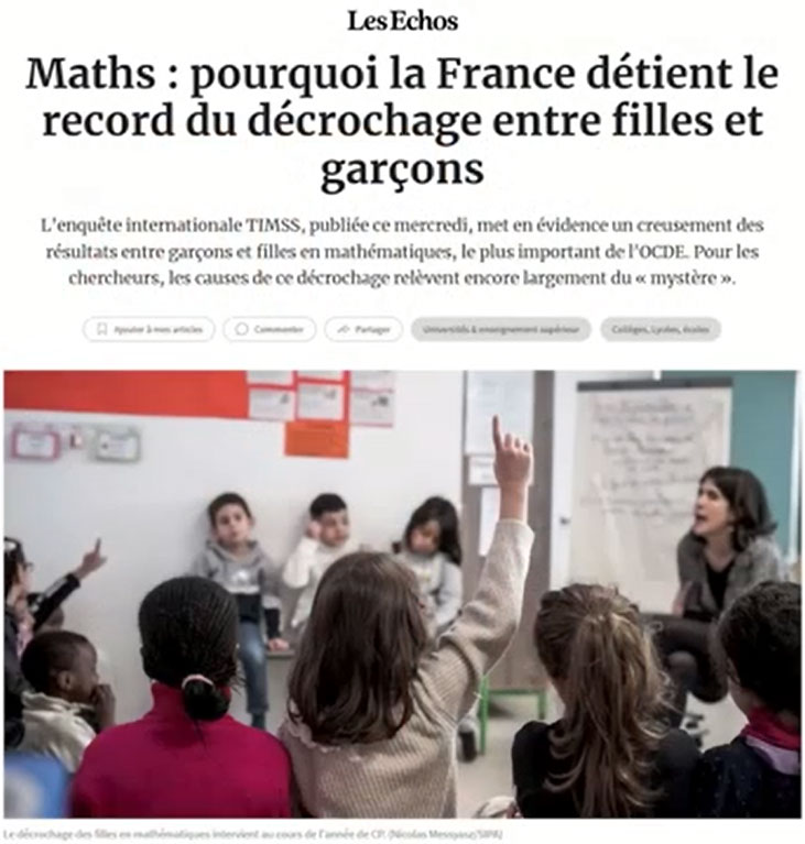 Mathématiques à l'école, record de décrochage entre filles et garçons (Journal Les Echos).