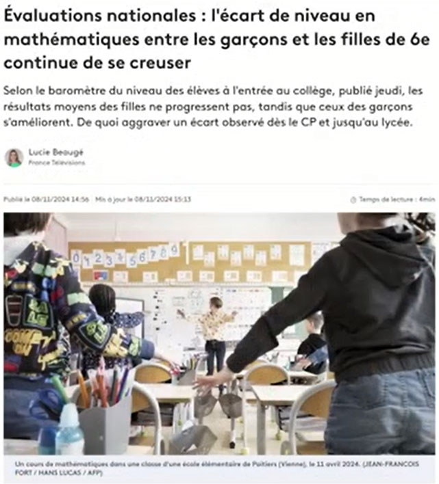 Mathématiques en sixième, écart entre filles et garçons (Chaîne France info).