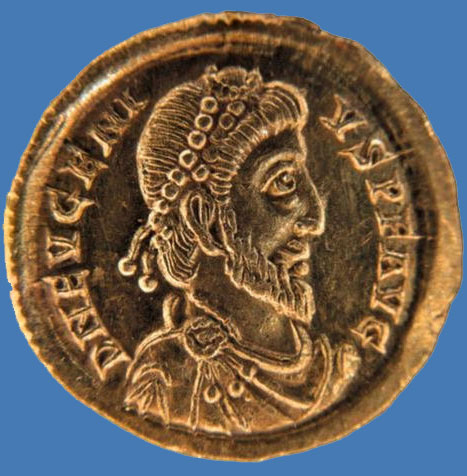 Monnaie en or (solidus) de l'usurpateur Eugène au Luxembourg, au IVe siècle.
