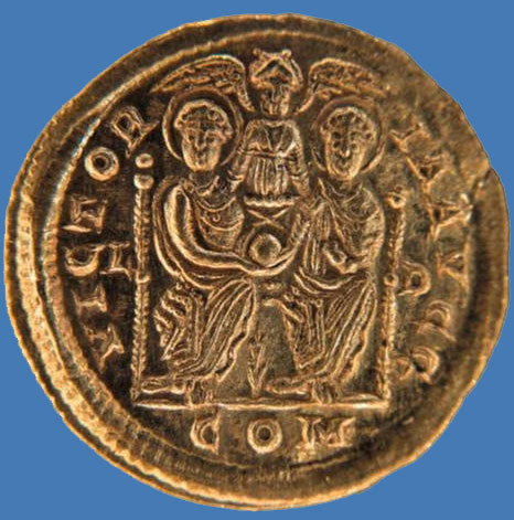 Monnaie en or (solidus) de l'usurpateur Eugène au Luxembourg, au IVe siècle.