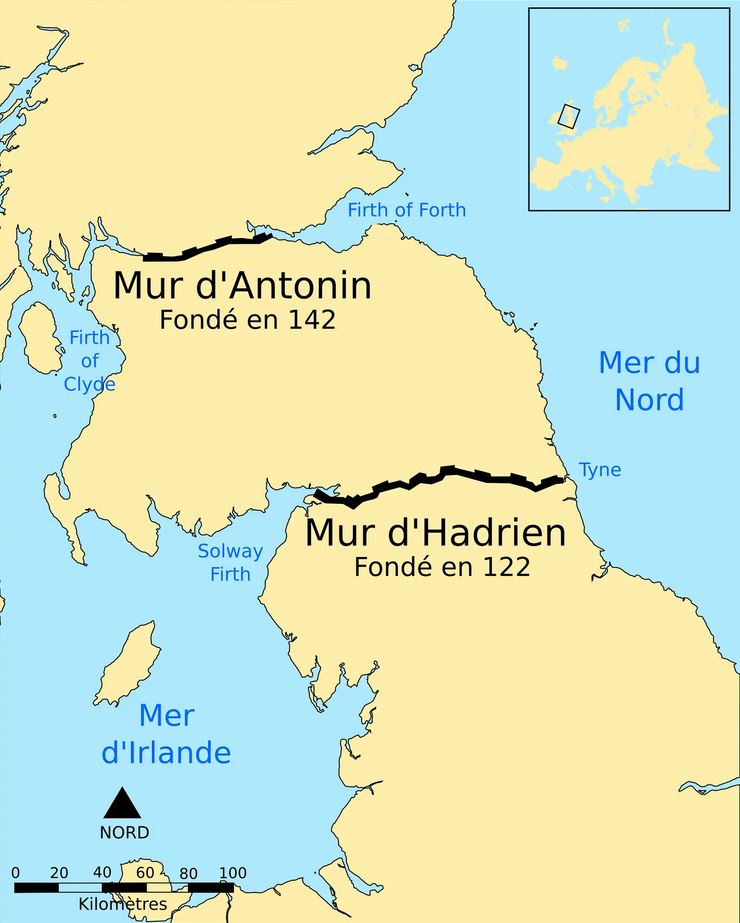 Localisation géographique du mur d'Hadrien dans le nord de l'Angleterre, et du mur d'Antonin en Ecosse.