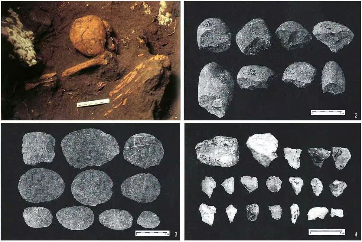 Restes du peuple Negritos (crâne & fémur, outils lithiques), dans la grotte Xiaoma sur l'île de Taïwan.
