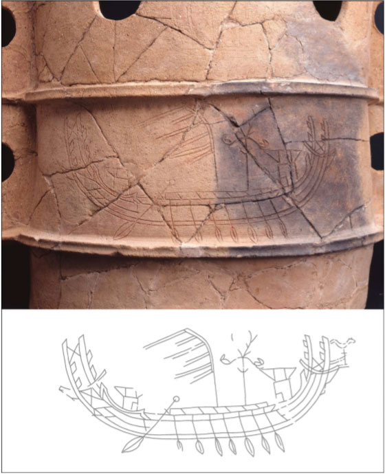Poterie gravée d'un bateau, provenant du site de Higashitonozuka Kofun au Japon, du IVe siècle de notre ère.
