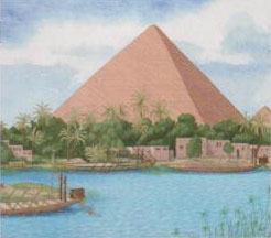 Pyramide de Gizeh & le fleuve Ahramat en Egypte, il y a 4 700 ans.