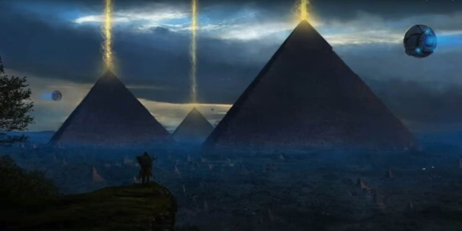 Vision futuriste des pyramides de Khéops, Képhren & Mikérinos, en tours d'&eaute;nergie.