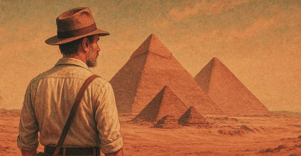Indiana Jones et les pyramides du plateau de Gizeh en Egypte.