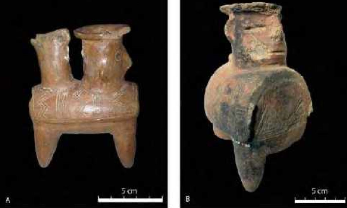 Récipients anthropomorphes en céramique de la phase Tacalshapa 1 (Pumapungo, Cuenca, Equateur).