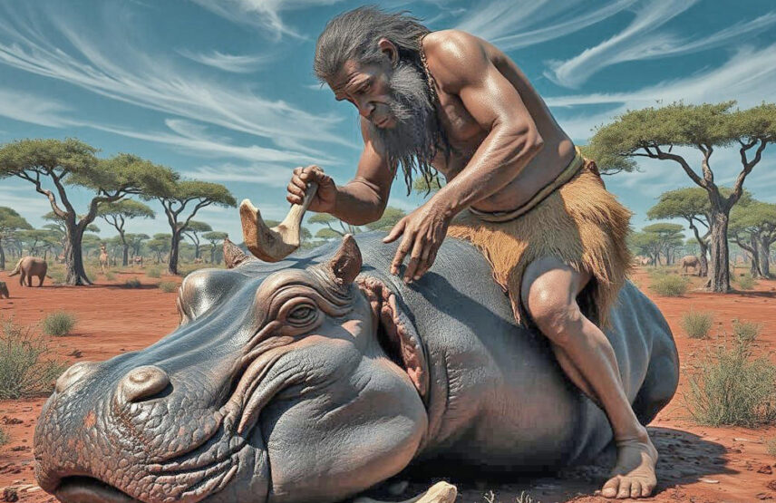 Reconstitution d'une boucherie d'hippopotame réalis&eaute;e avec des outils en os à Olduvai en Tanzanie il y a 1,5 million d'années.