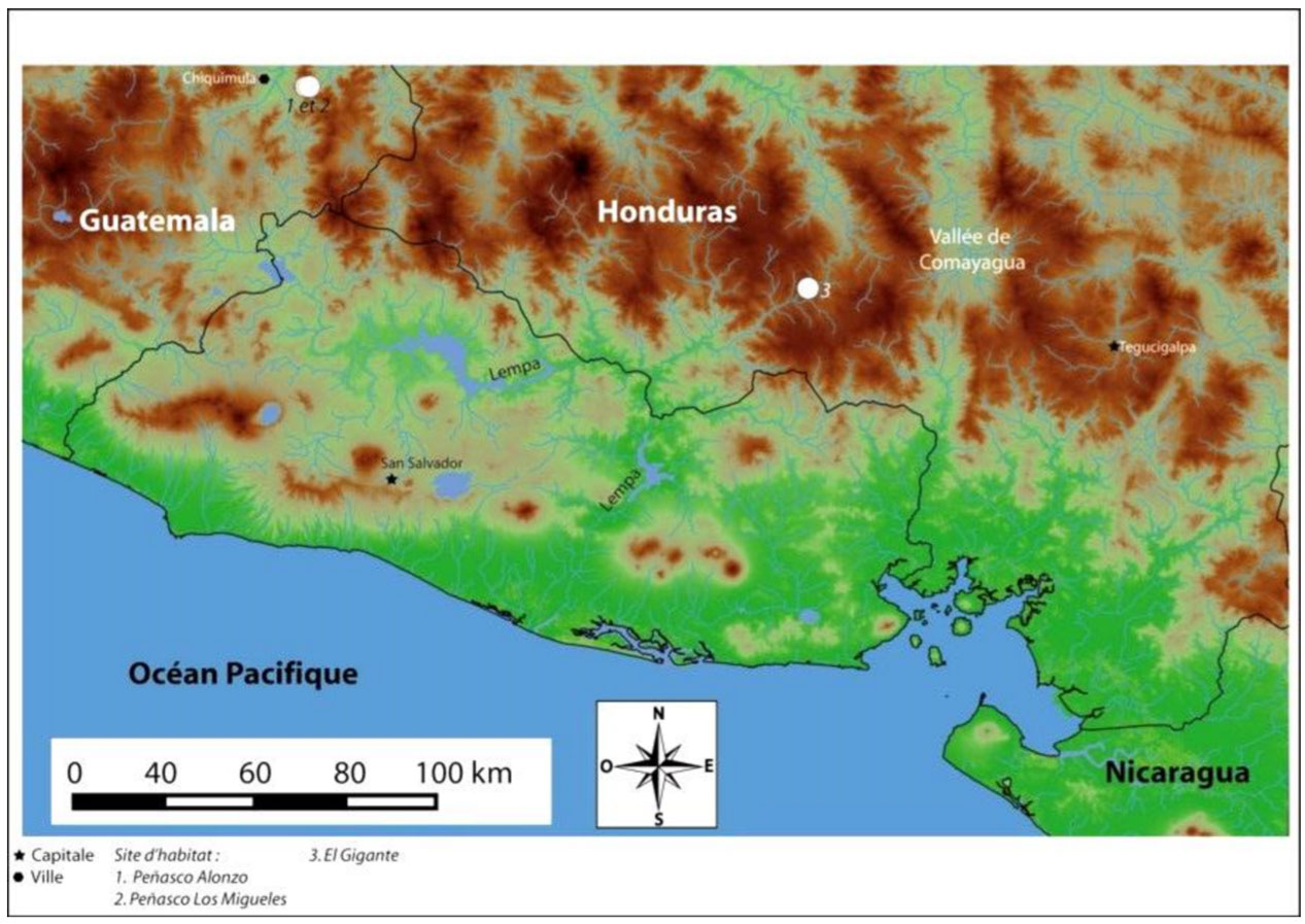 Cartographie des sites d'habitat du Salvador, il y a 10 000 ans (Peñnasco Alonzo, Peñasco Los Migueles, El Gitante).