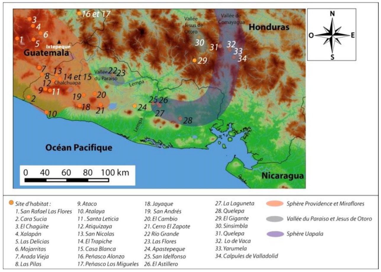 Cartographie des sites d'habitat du Salvador, il y a 2200 ans (San Rafael Lac Flores, Cara Sucia, El Chagüite, Xalapán, Las Delicias, Mojarritas, Arada Vieja, Las Pilas, Ataco, Atalaya, Santa Leticia, Atiquizaya, San Nicolas, El Trapiche, Casa Blanca, Peñasco Alonzo, Peñasco Los Migueles, Jayaque, San Andrés, El Cambio, Cerro El Zapote, Ri´o Grande, Las Flores, Apastequete, San Idelfonso, El Astillero, La Laguneta, Quelepa, El Gigante, Sinsimbla, Quelepa, Lo de Vaca, Yarumela, Calpules de Valladolid).