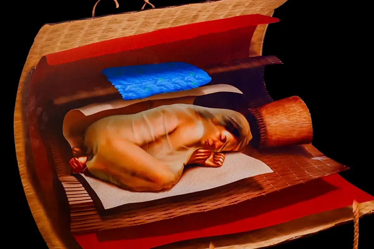 Illustration d'une sépulture féminine en position recroquevillée, à Áspero au Pérou.