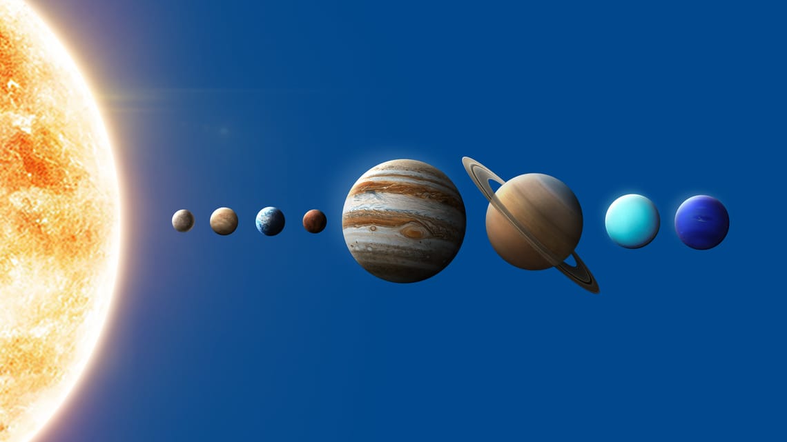 Soleil, Mercure, Vénus, Terre, Mars, Jupiter, Saturne, Uranus, Neptune.