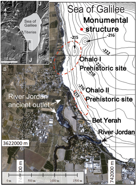 Structure géante ou cairn géant, cône de 10m de haut & 70m de diamètre, dans le lac de Tibérade en Israël.