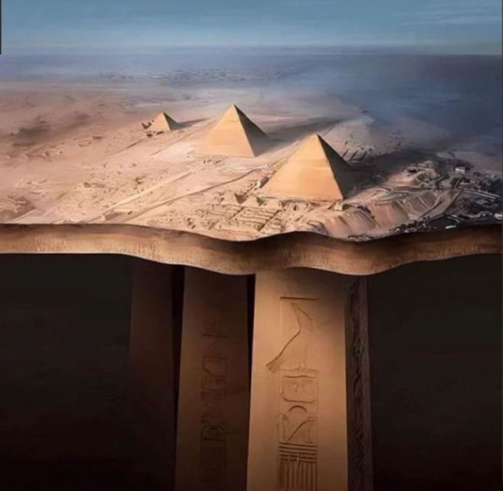 Modélisation 3D d'une structure souterraine massive (trois obélisques) dans le sous-sol du plateau de Gizeh, Khafre Project, SAR Technology.
