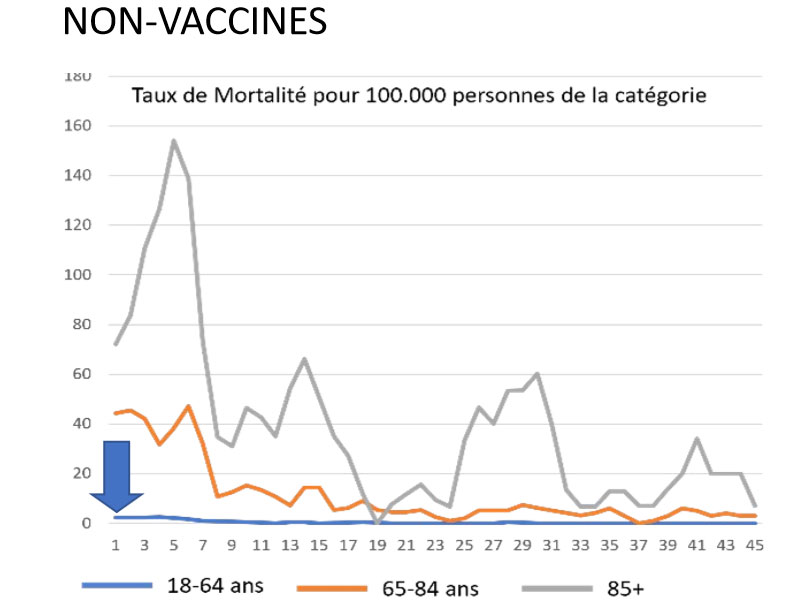 Taux de mortalité pour 100 000 personnes de la même catégorie, pour les non vaccinés