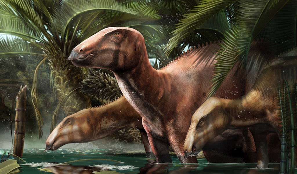 Tethyshadros insularis, un adulte entouré de deux juvéniles.