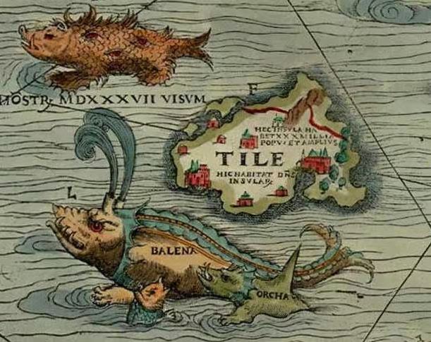Carte de Thulé selon le cartographe Olaus Magnus, située entre l'Islande et les îles Féroé.