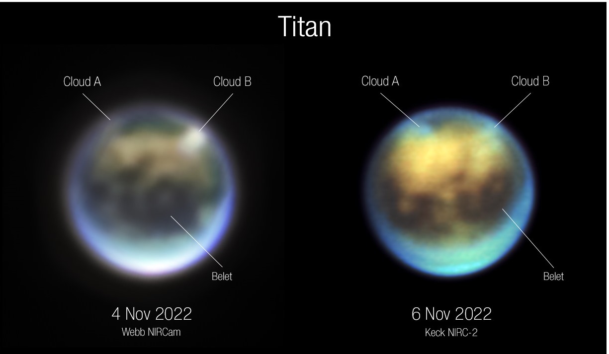 Nuages sur Titan, la plus grande lune de Saturne.
