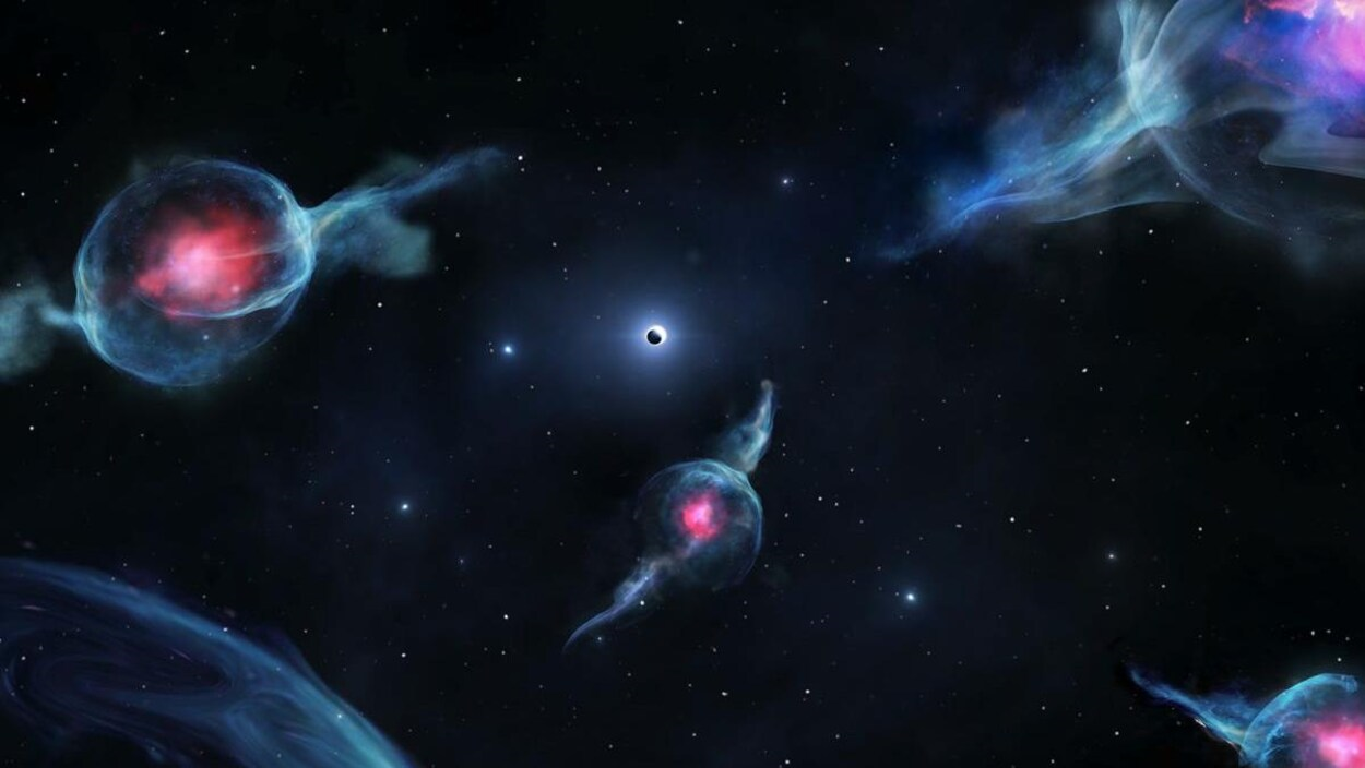 Impression artistique du trou noir Sagittarius A et des quatre objets G