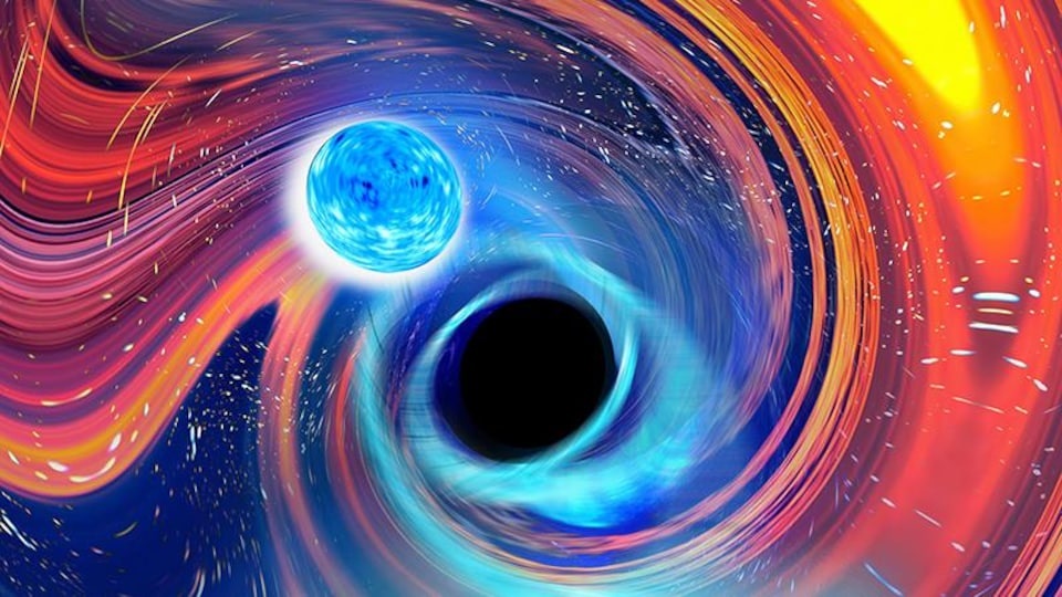 Impression artistique du trou noir versus étoile à neutron