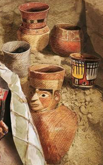Vases & verres dans la tombe royale de la reine d'El Castillo de Huarmey au Pérou, il y a 400 ans.